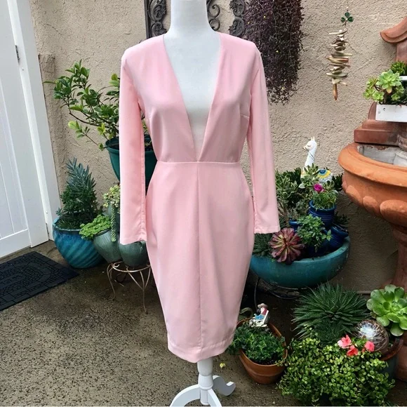 House Of CB Dominique Pink Deep Plunge Bodycon MIDI Dress Medium - Picture 11 of 16